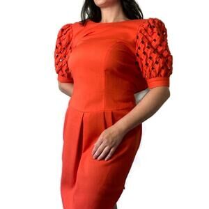 Vintage Bright Orange Puff Sleeve Sheath Dress Size Small 6